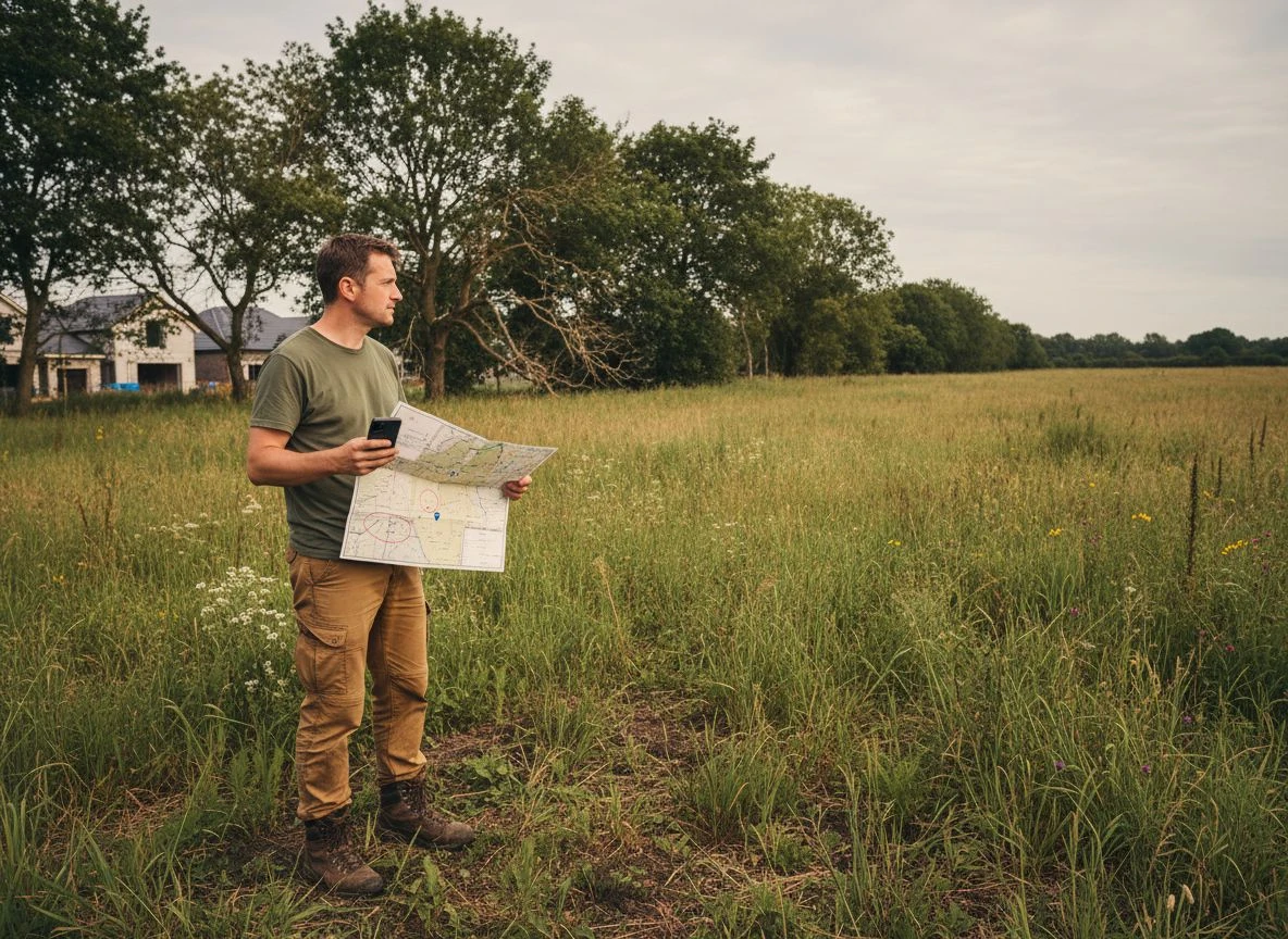 A detectorist in a field comparing a GPS on his phone to a printed historical map.