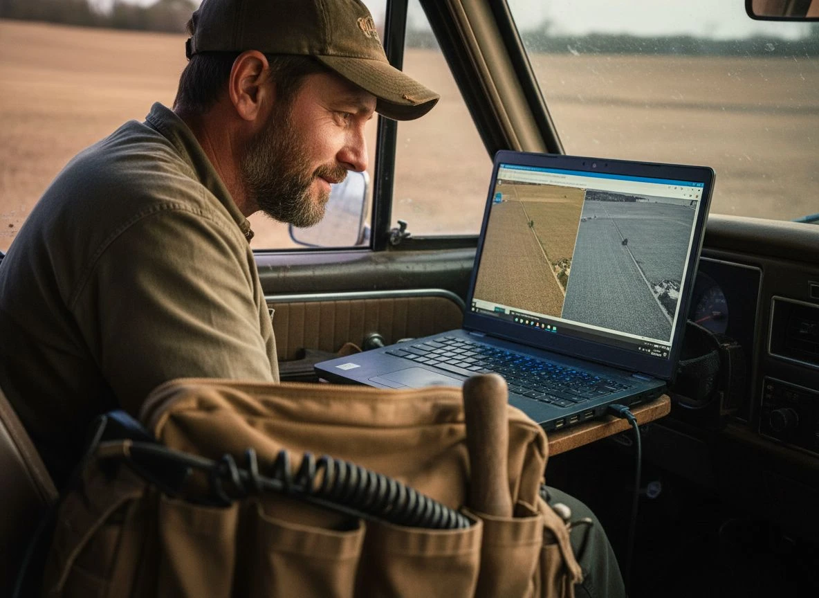 A detectorist using Google Earth's historical imagery slider to find old landscape features on a laptop.