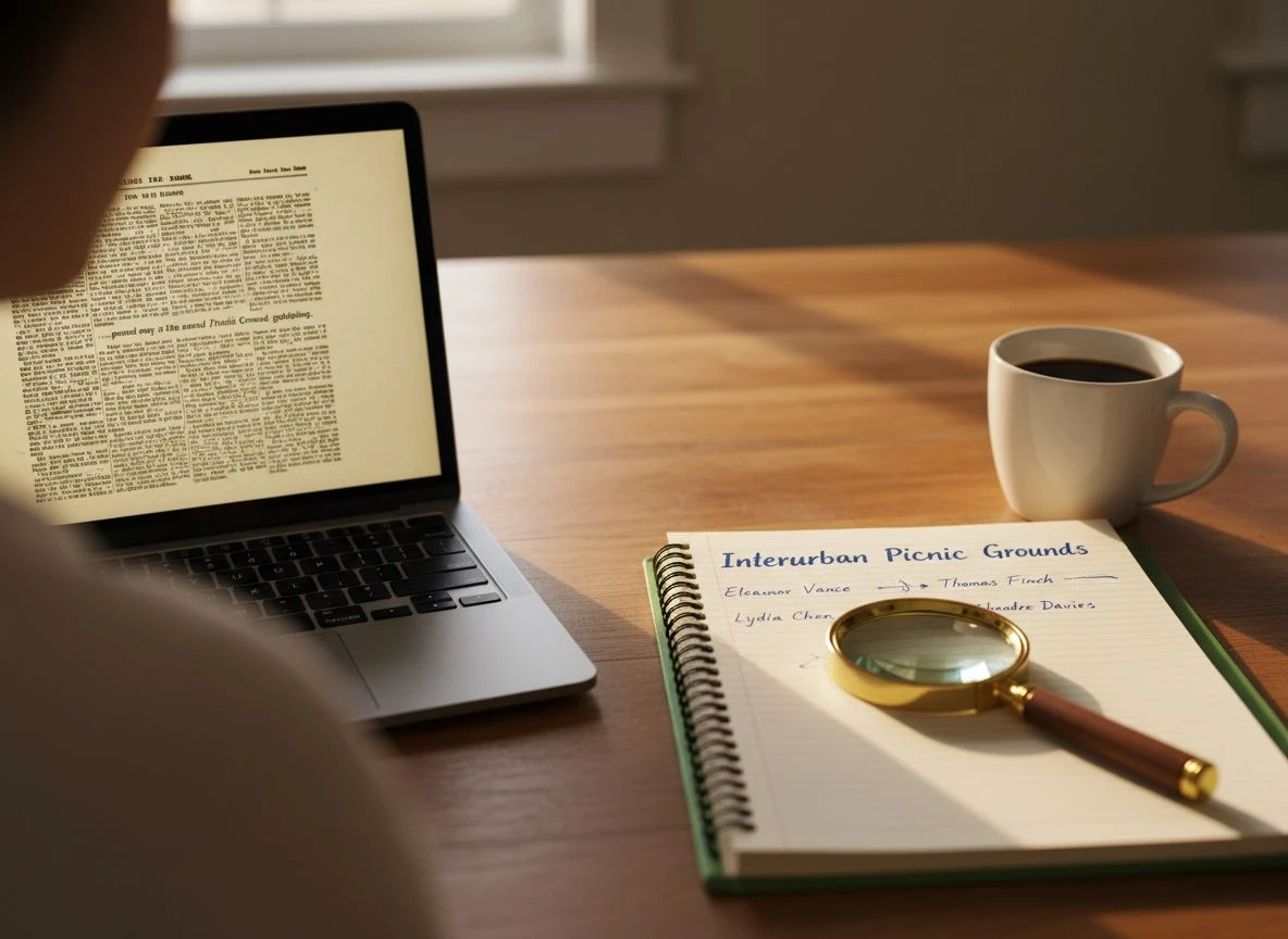 A laptop showing an old newspaper obituary next to a handwritten research notebook.