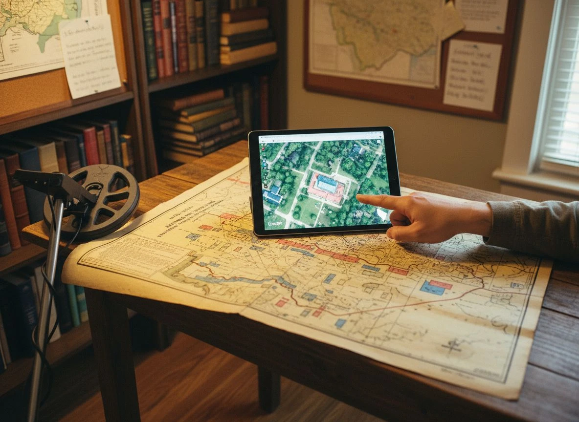 An old Sanborn map and a modern satellite view on a tablet, side-by-side on a wooden desk.