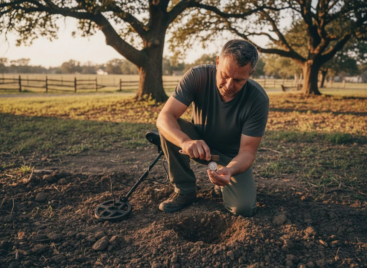 A detectorist kneeling in a field, carefully brushing dirt off a tarnished silver coin he just unearthed.