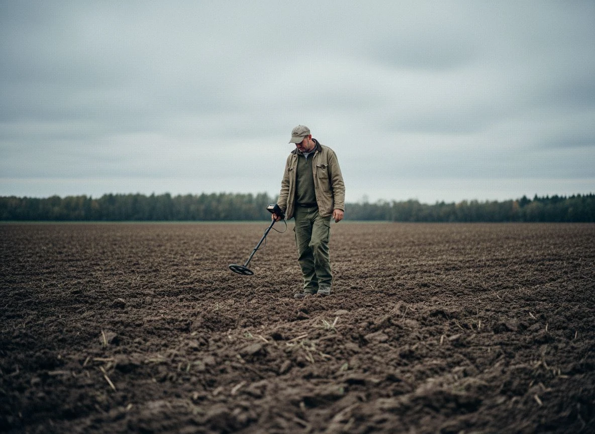 A detectorist swings a large-coil, single-frequency metal detector through a plowed field under an overcast sky.