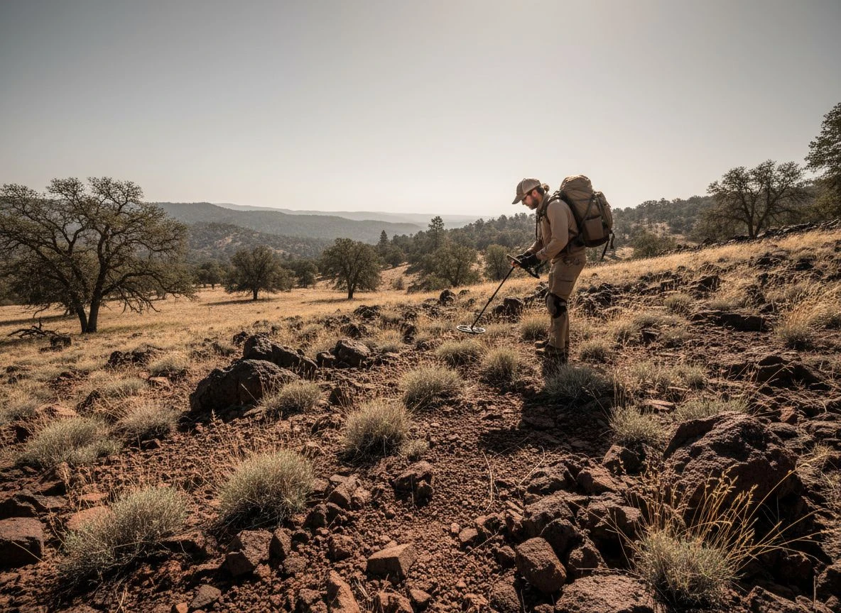 A detectorist searches a rugged, reddish-brown, mineralized hillside under bright sunlight.