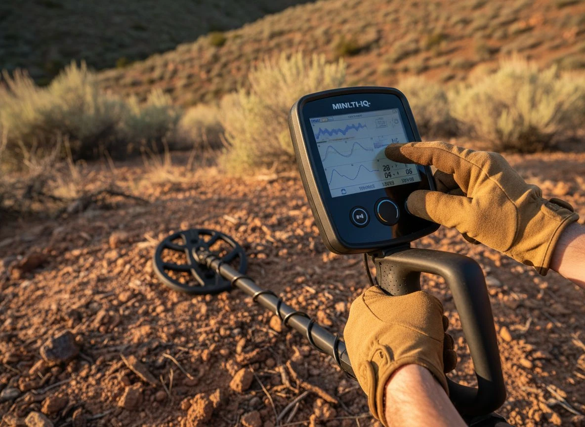 Close-up of a detectorist's hands operating the advanced control box of a multi-frequency metal detector over red soil.