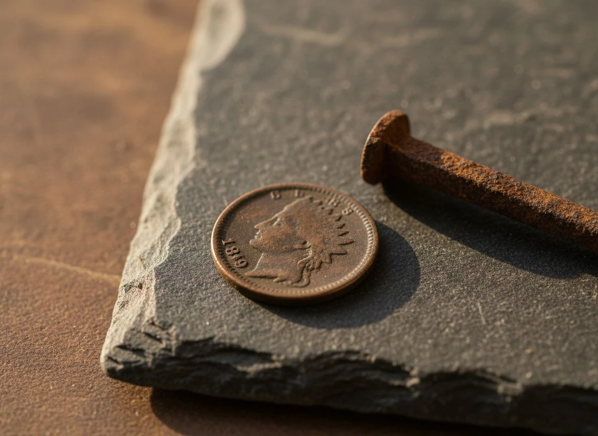 An extremely thin and worn 1899 Indian Head cent rests on slate next to a rusty square nail.