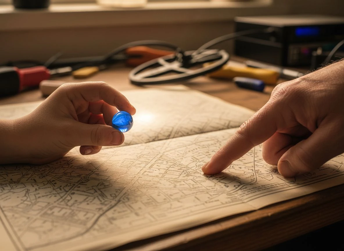 A child's hand holds a blue antique marble against an old map, with an adult's hand pointing to the location, symbolizing discovery.