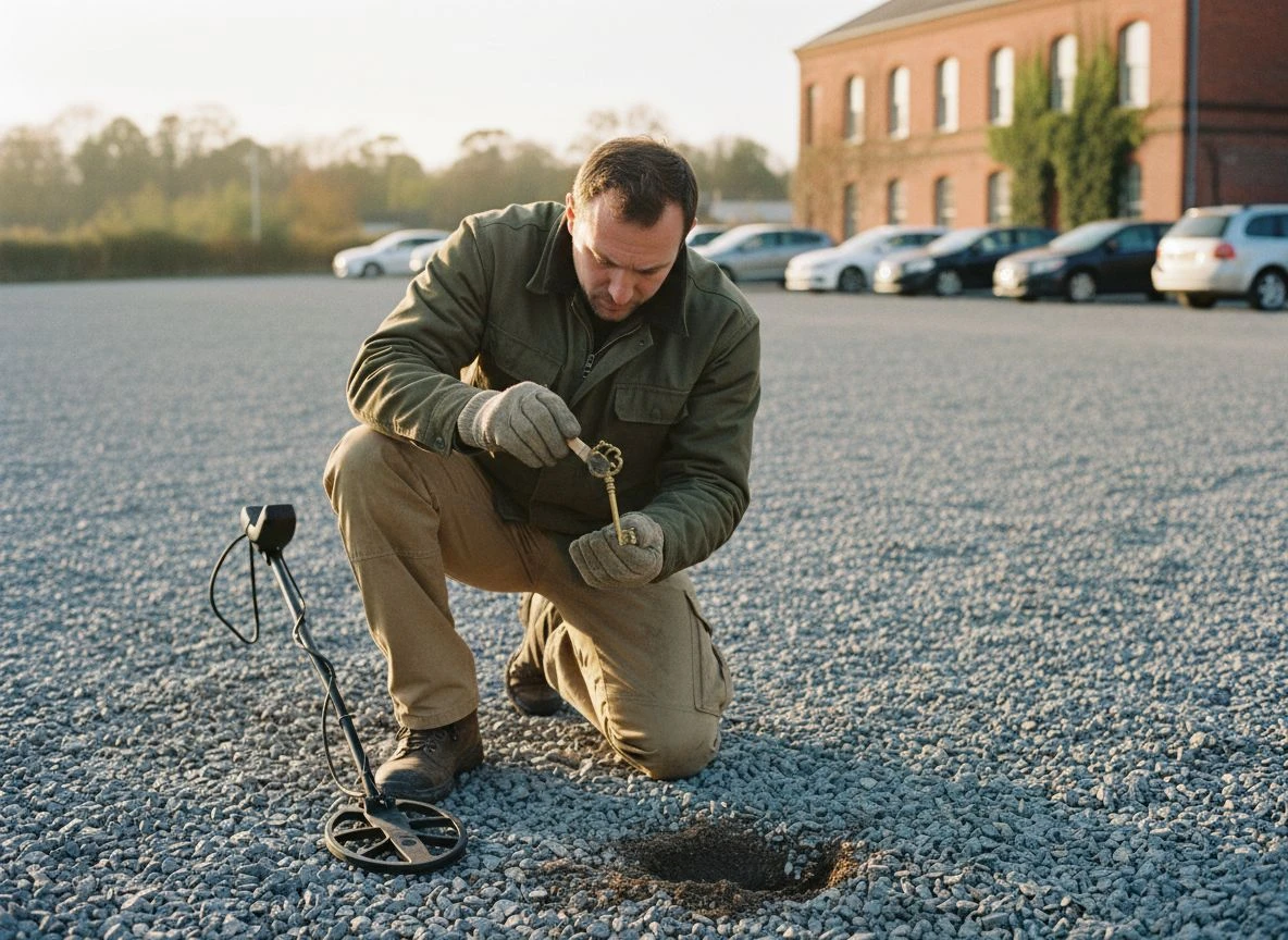 A detectorist kneeling in a modern parking lot, discovering an old brass key, illustrating the concept of finding history in unexpected places.