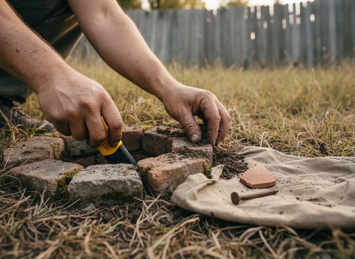 Close-up of dirty hands excavating a historic brick-lined cistern in a backyard, a key target identified on Sanborn maps.
