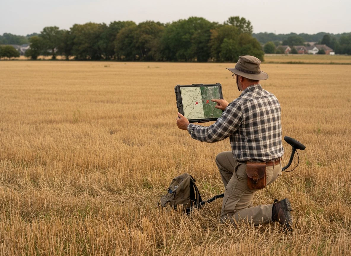 A detectorist in a field uses a tablet to align a historical map with the real-world landscape, plotting his search location.