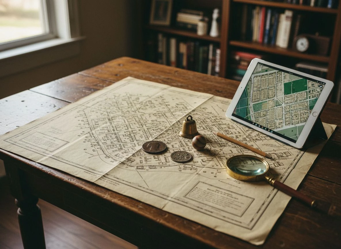 A vintage Sanborn map laid out on a table with old coins and relics, a tablet with a satellite view beside it, demonstrating map interpretation.