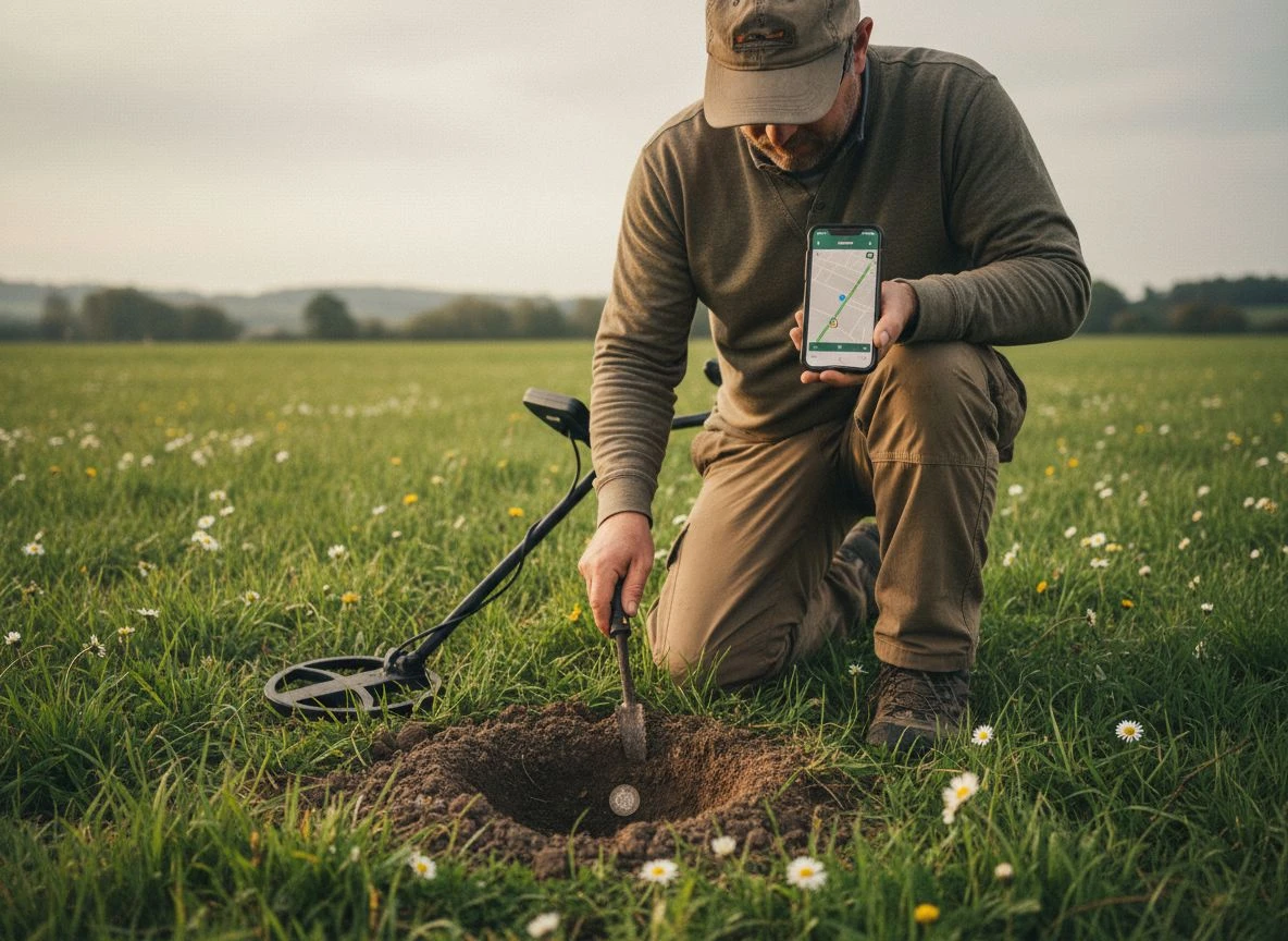 Detectorist kneeling in a field with smartphone and dig tool near a dug coin