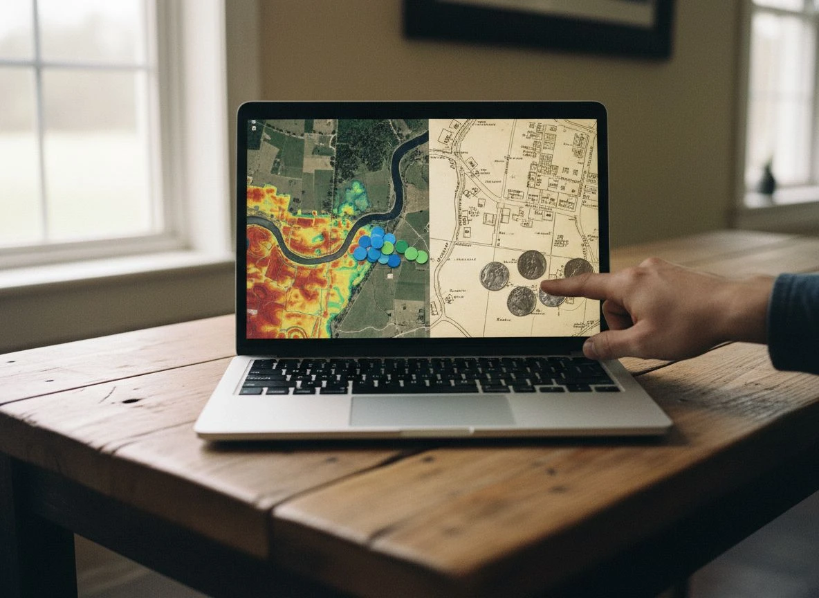 Laptop screen showing heat map overlay of metal detecting finds on satellite and historical map