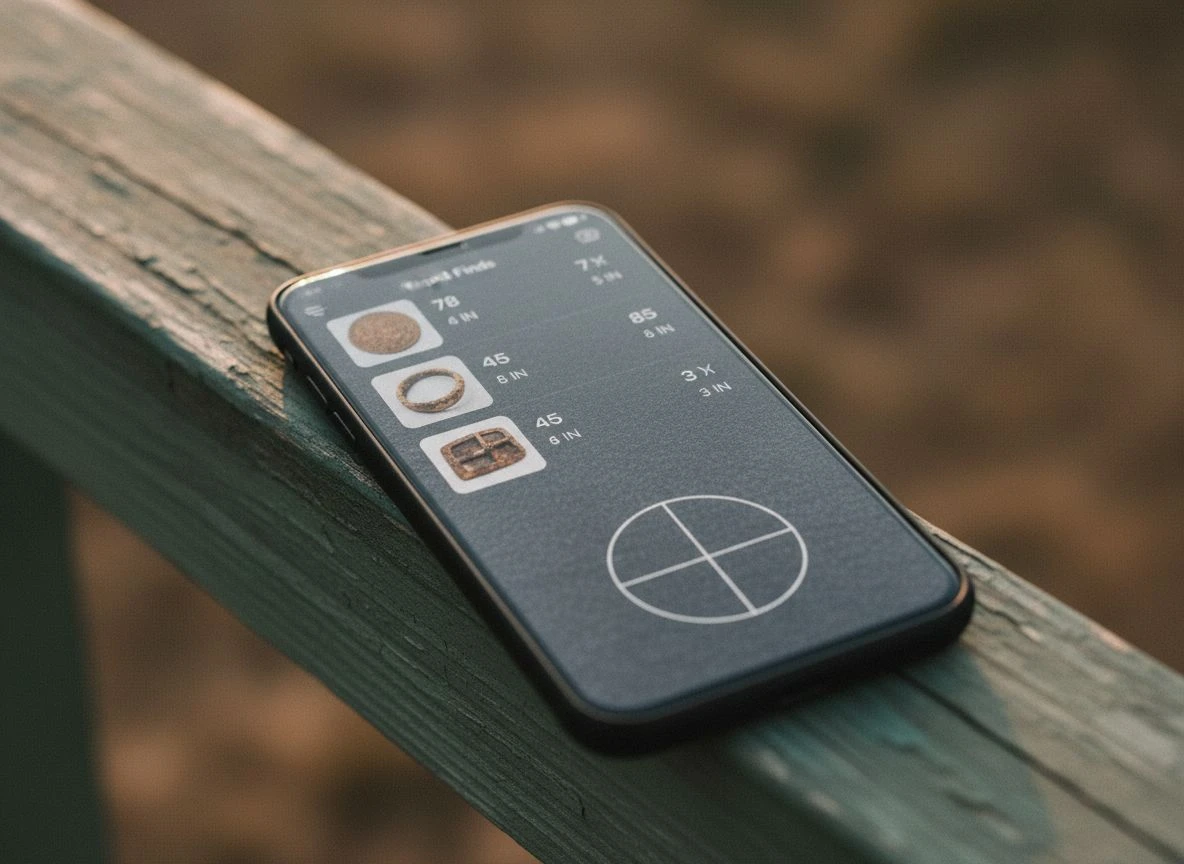 Smartphone screen with metal detecting find logging app interface on weathered wood
