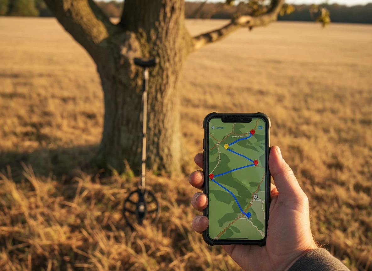 Close-up of a smartphone with GPS map showing metal detecting finds, held in a dirty hand in a field at golden hour