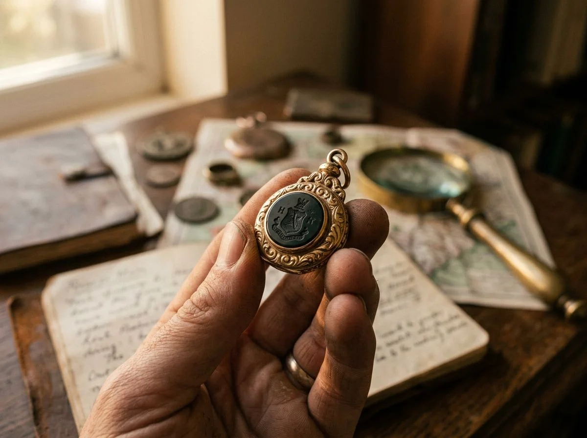 A hand holding a Victorian gold pocket watch fob with a bloodstone seal over a blurred desk of research materials