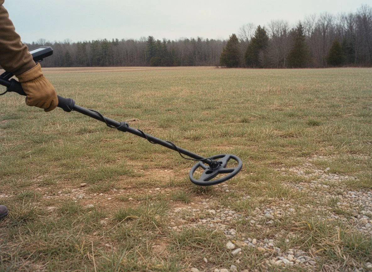 Multi-frequency metal detector in use on mixed terrain field