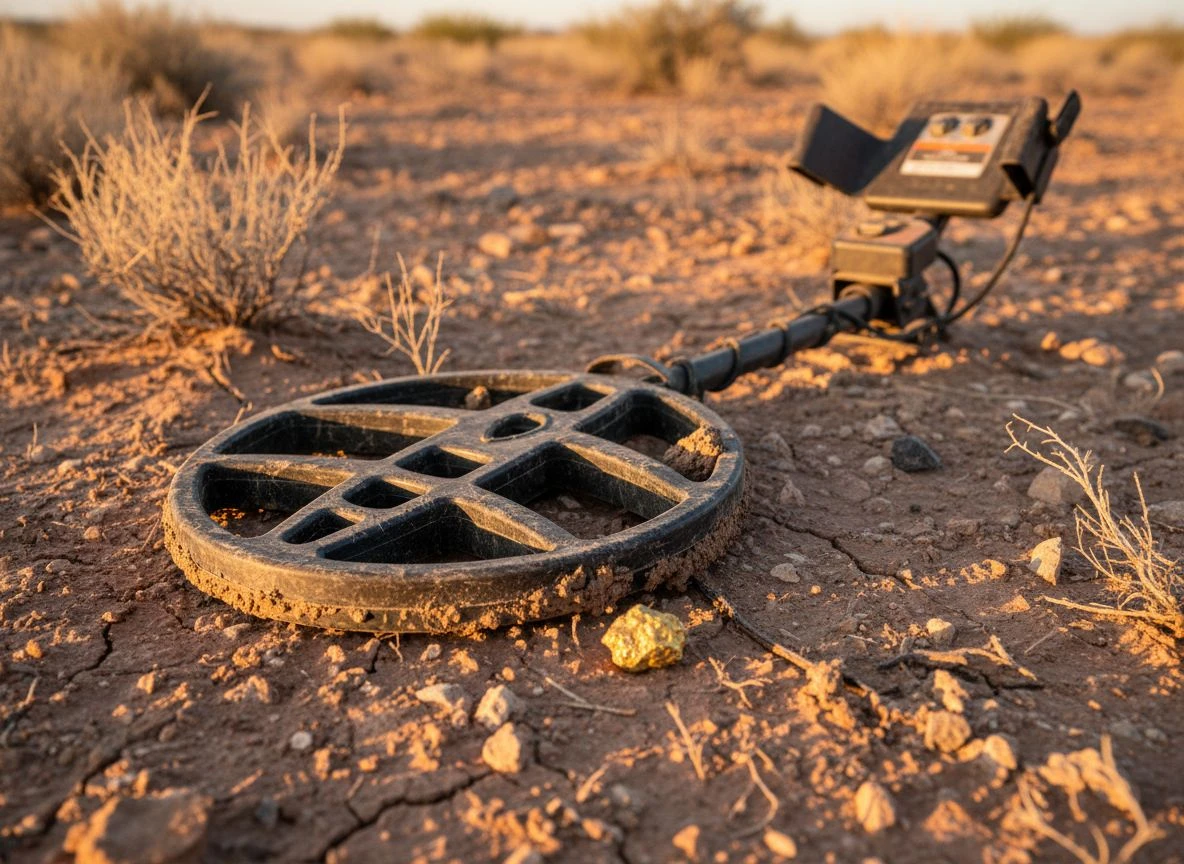 Pulse induction metal detector on desert soil with gold nugget
