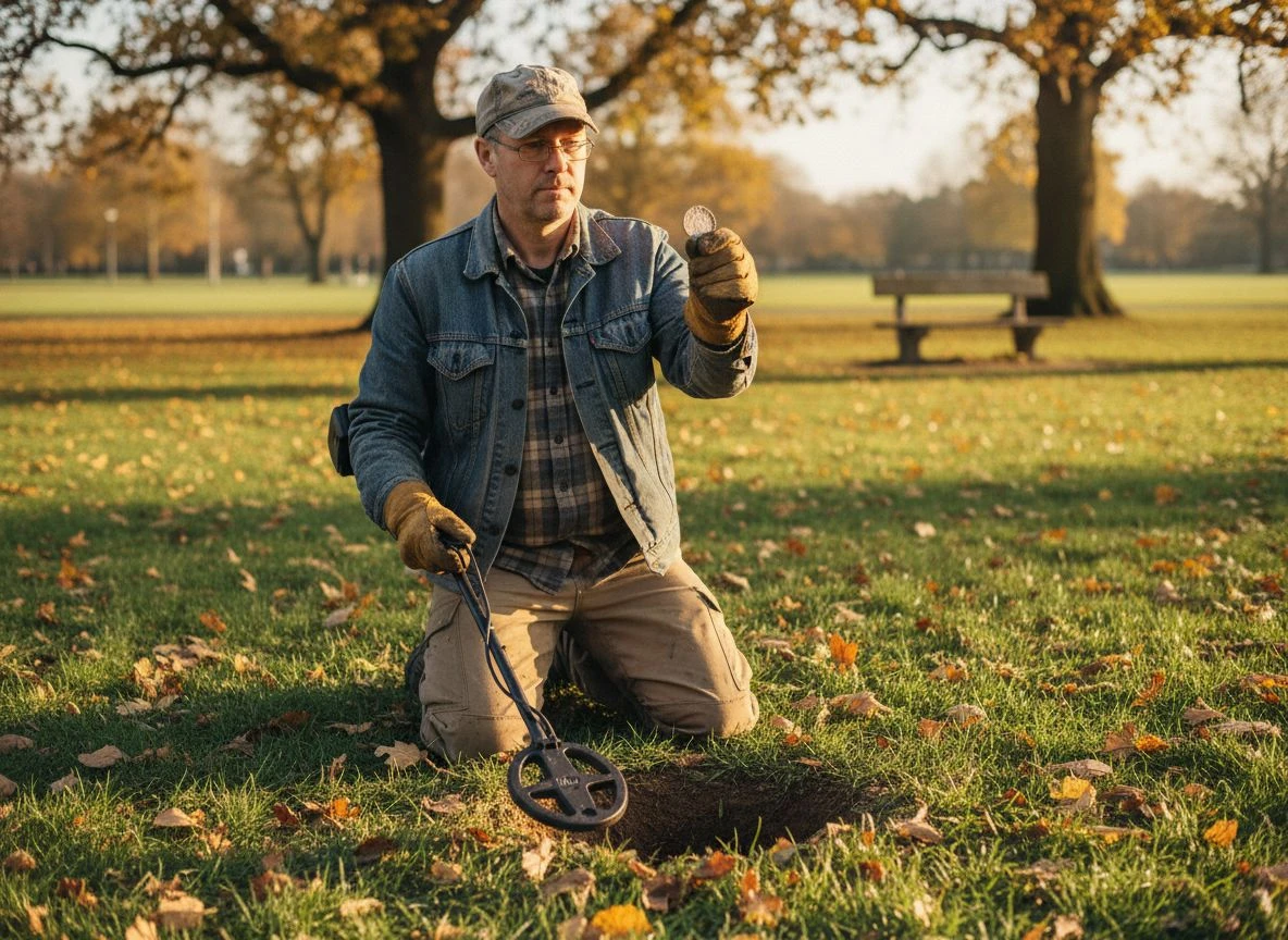 Detectorist kneeling on grass holding a VLF metal detector and a silver coin find