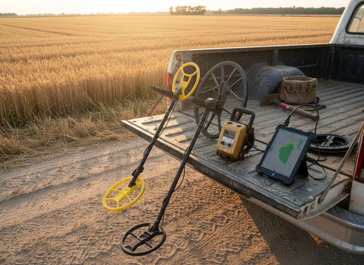Three metal detector technologies leaned against a truck tailgate at golden hour