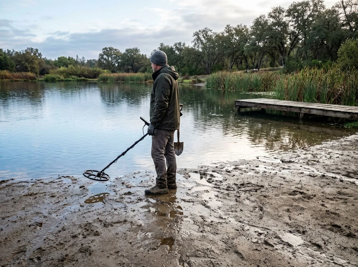 Metal detectorist scanning saturated ground beside a rain-soaked swimming hole with puddles reflecting the sky.