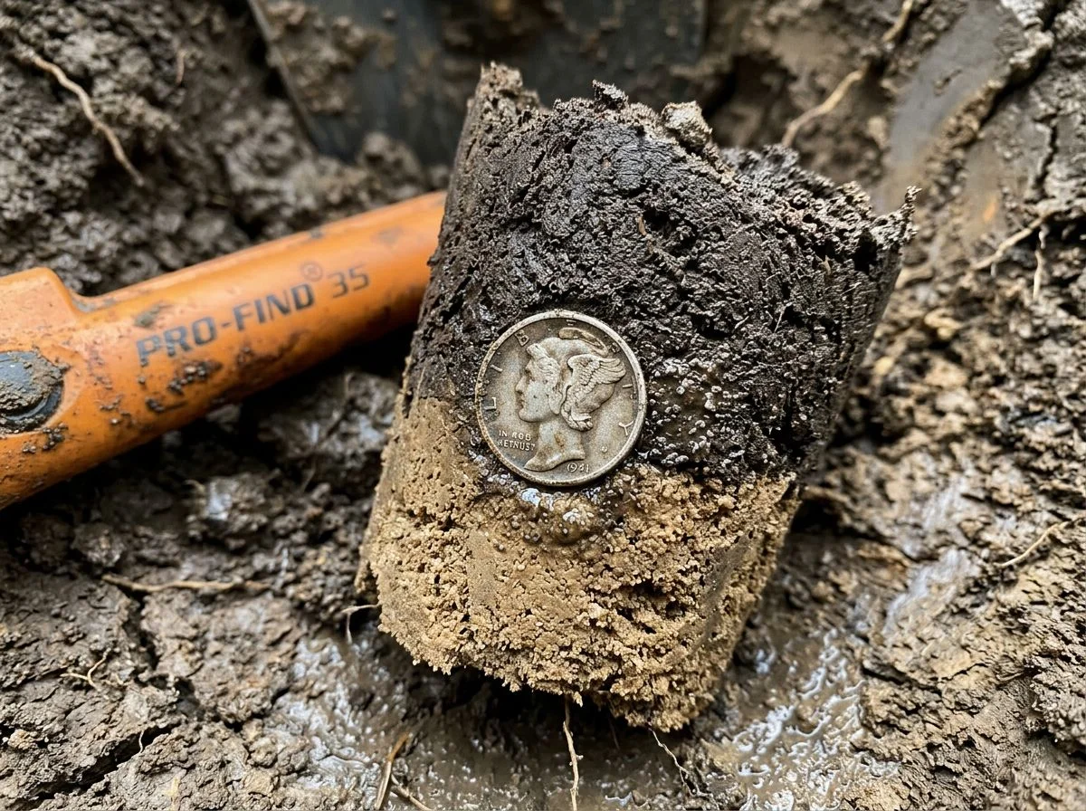 Macro view of a split soil plug showing a Mercury dime at the boundary between wet topsoil and dry sand.