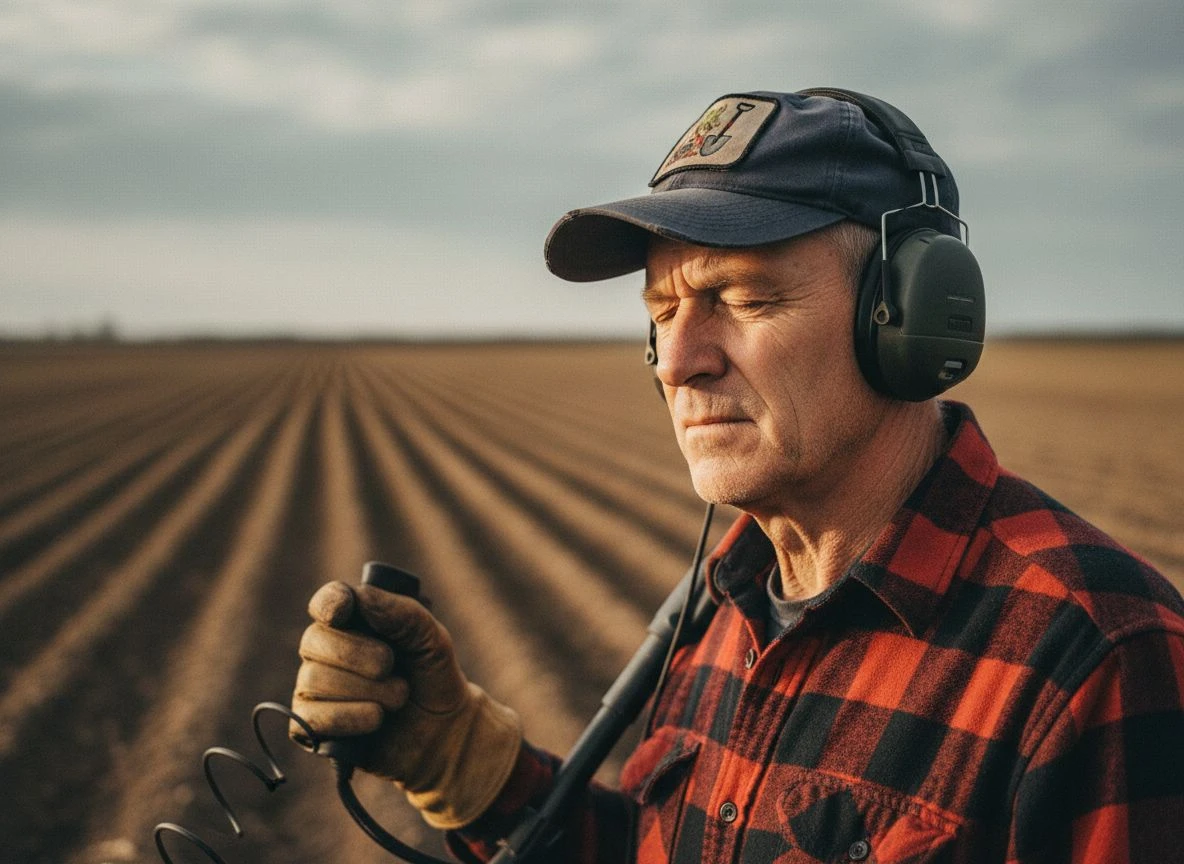 Concentrated detectorist with closed eyes listening to his metal detector's audio tones in a plowed field.