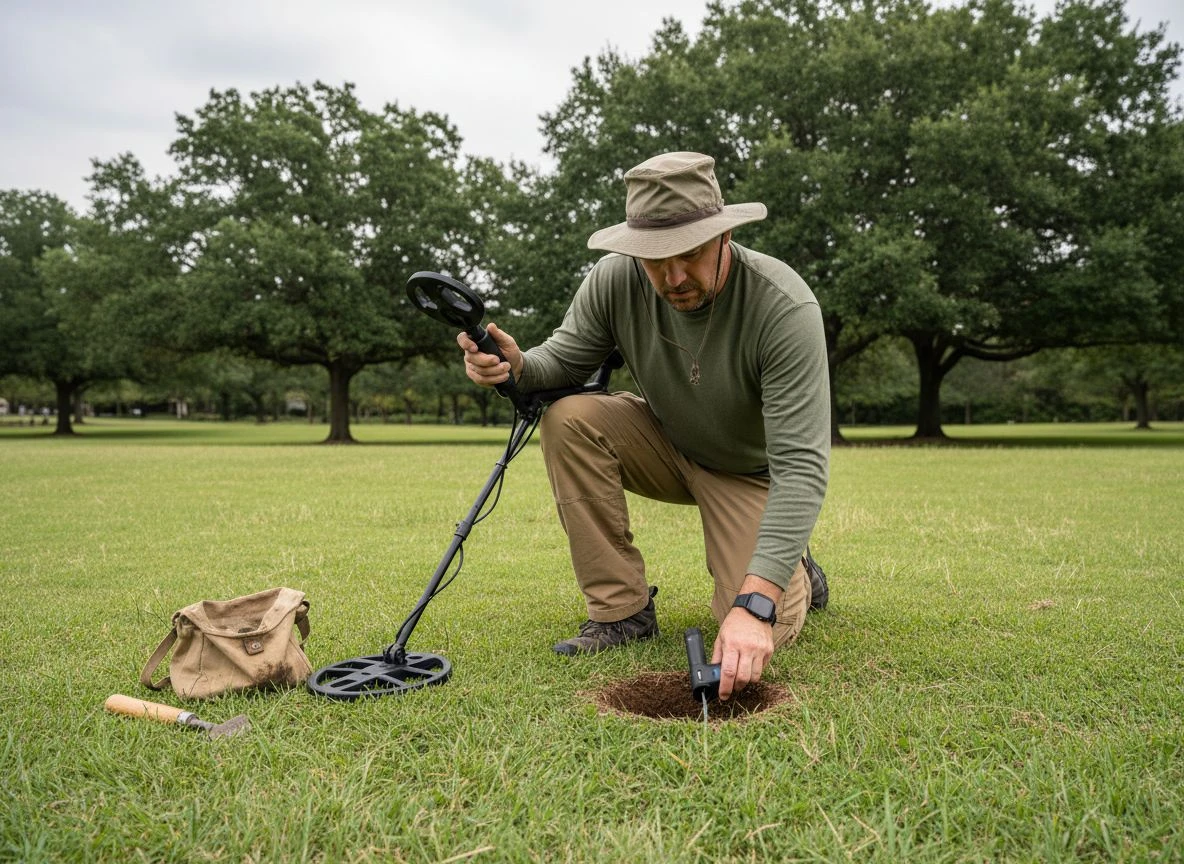 Detectorist kneeling in a park using a pinpointer to check a hole, with his gear laid out beside him.