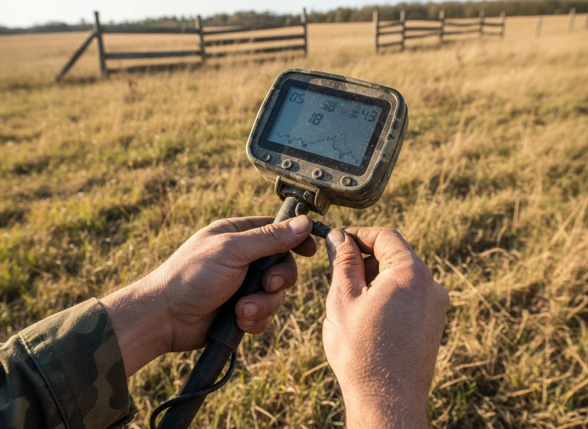 Close-up of dirty hands checking a metal detector's coil cable connection in a dry field.