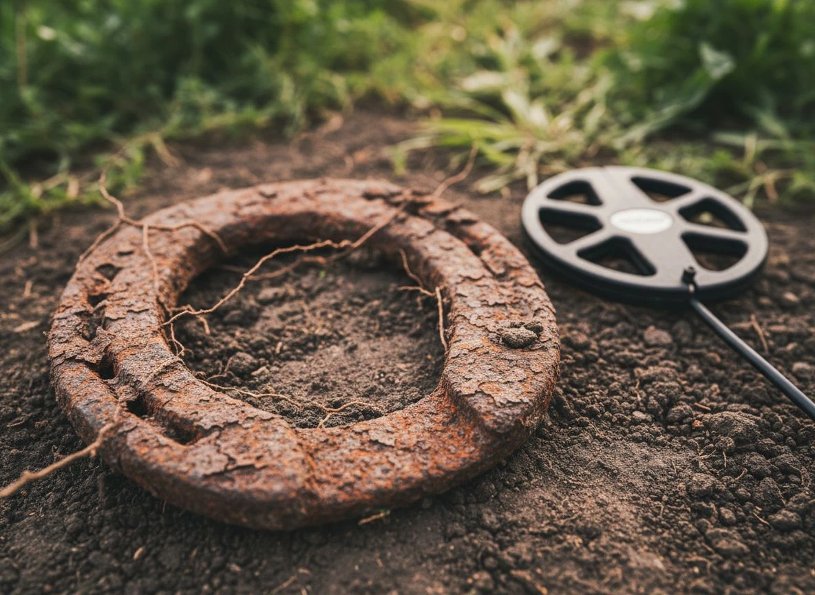 A rusted horseshoe on dark soil next to a metal detector coil, illustrating the halo effect.