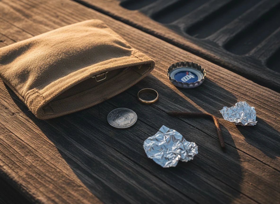 A collection of tricky targets including a coin, bottle cap, foil, gold ring, and nail on a wooden tailgate.