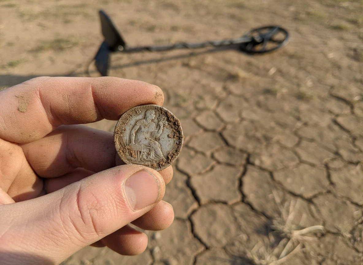Hand holding a patinated silver coin on dry cracked soil, illustrating halo effect collapse