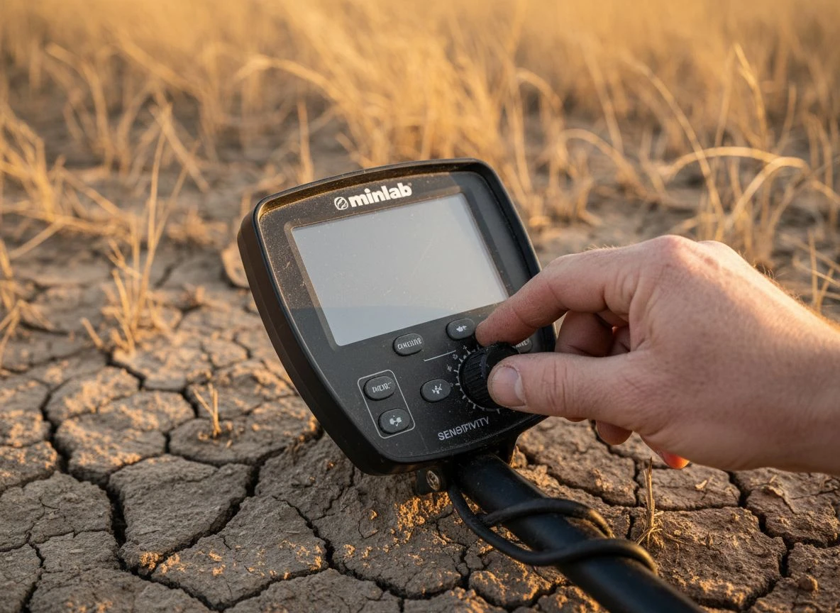 Hand adjusting sensitivity dial on metal detector in drought field