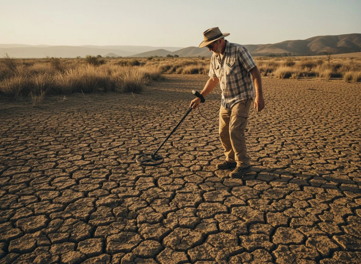 Metal detectorist swinging over cracked dry ground during drought, golden hour lighting