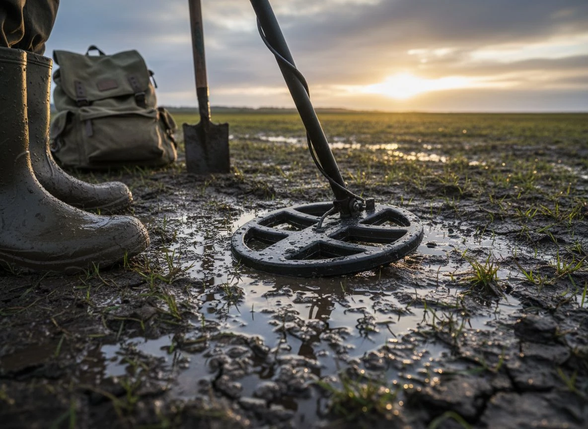 Metal detector walking on rain-soaked ground after drought, puddles and wet grass