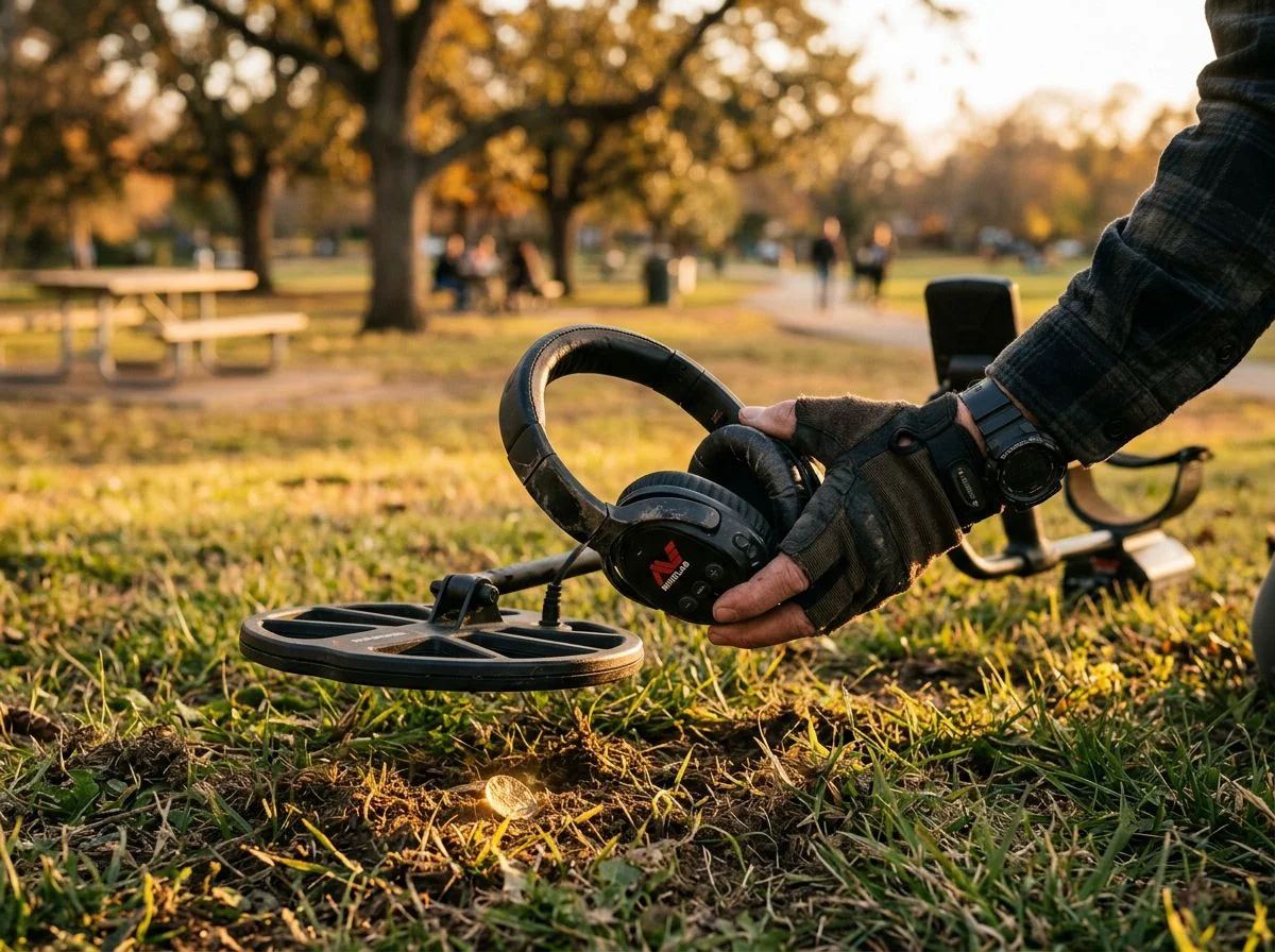 A detectorist holds wireless headphones near a metal detector coil over grass at golden hour